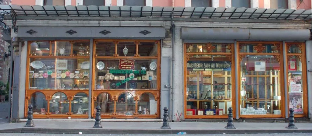 Historic wood-framed storefront of the Ali Muhiddin Hacı Bekir confectionery