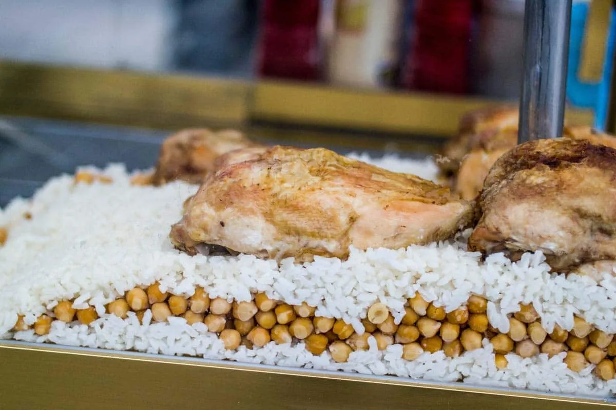street food cart in istanbul selling rice, chickpeas and chicken