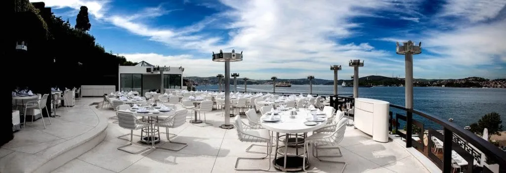 Panoramic view of Kasibeyaz restaurant and Bosphorus. One of the best restaurants in Istanbul.
