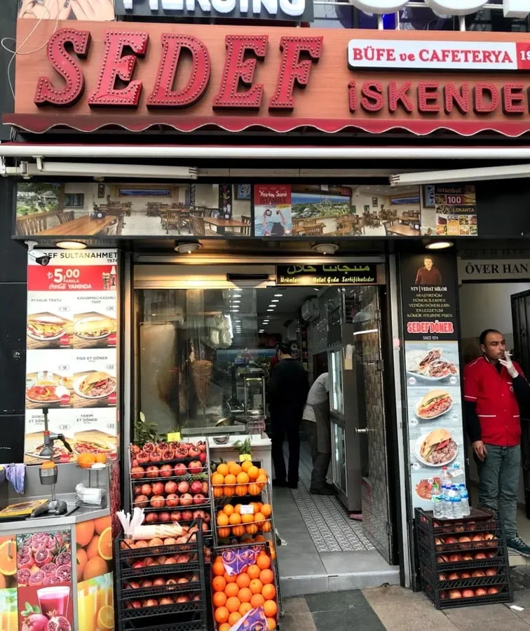 Doner kebab plate with fries and fresh vegetables at Sedef Bufe in Sultanahmet Istanbul