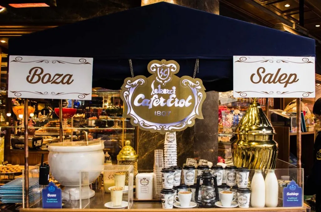 Boza and salep cart at Şekerci Cafer Erol with a marble urn and branded cups