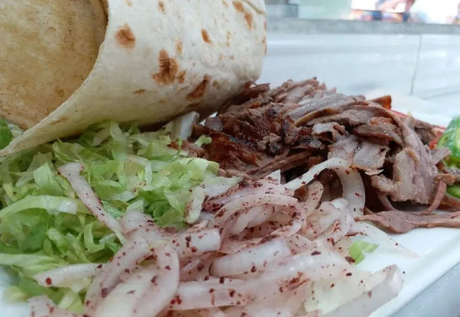 Doner kebab wrap with mashed potatoes at Zumrut Bufe near the Spice Market in Eminonu Istanbul